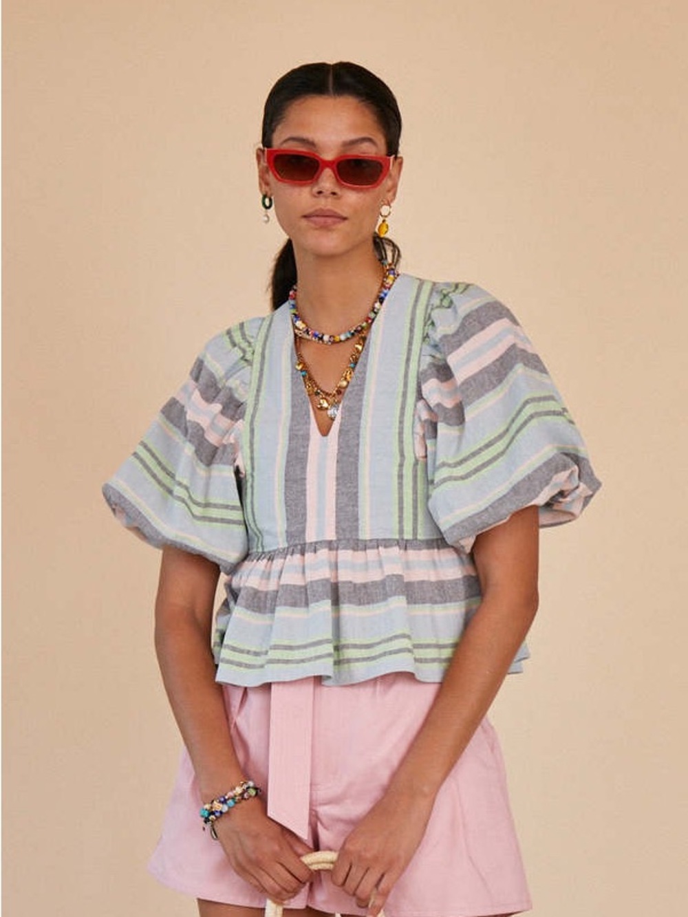 HUNTER BELL Landry Pastel Stripe V-Neck Puff-Sleeve Linen Top